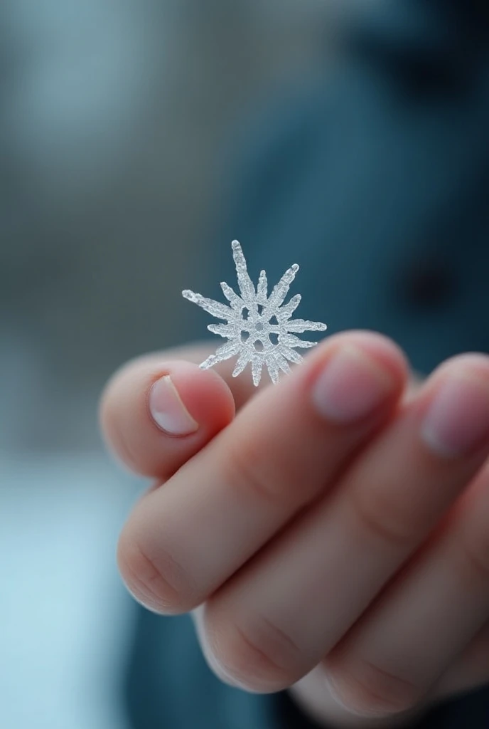 A very small snowflake sits on the tip of a mans finger