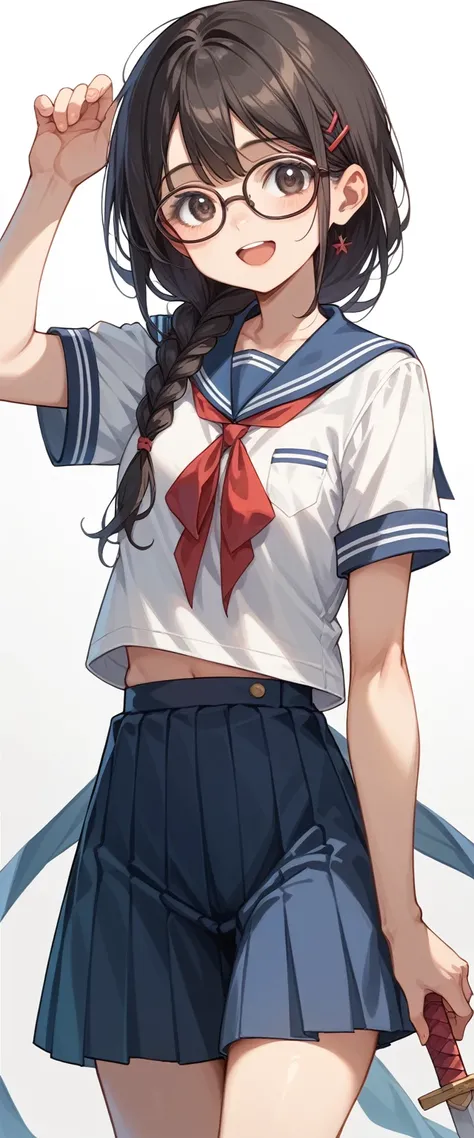  best quality、 slightly brownish black hair semi-long、Partially braided 、 cute smile 、Open Mouth、Under-rim glasses、Sailor suit、 stylish design 、slender sword、Hold in one hand