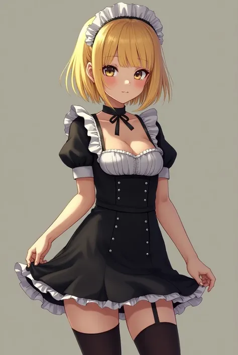 Blonde　Bob　 The bangs are cut straight　Height: 157cm　 bust 88 waist 56 hips 82　Weight 50kg　　Black maid outfit　 maid clothes have buttons　 white headband on the head　The length of the skirt is mini 　 Black Stockings 　 Garter Belt　 standing and looking at th...