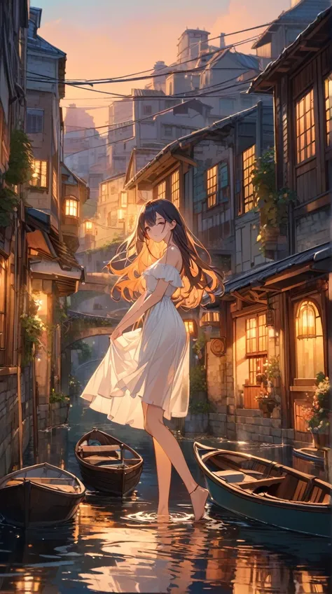 One Girl、 gentle expression、Shining Eyes、Long flowing hair、Sheer dress、What is reflected on the surface of the water 、 pottery skin、Small breasts、Walking gracefully、  
break、  
 Dusk in the City of Water 、（ Romantic Lighting:1.4）、 Warm Tones 、 fantastic at...