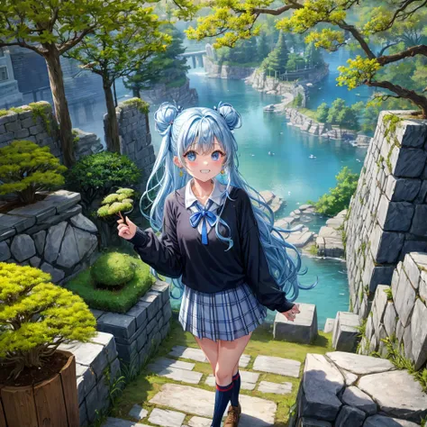 Light blue hair、Rainbow Eyes、Wavy Hair、Hair tied up、Two cute、 plaid miniskirt 、Black T-shirt、 Long Sleeve 、and、striped high socks、tie、Teeth are visible、Ice Castle、Tilting face、lawn、In front of the city gate、The stone is cracked、Uneven ground、Stone Wall、The...