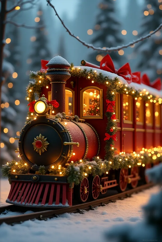  The train, which is divided into thin columns, has a distance between compartments, Decorated for Christmas . Please show me the side of the train 