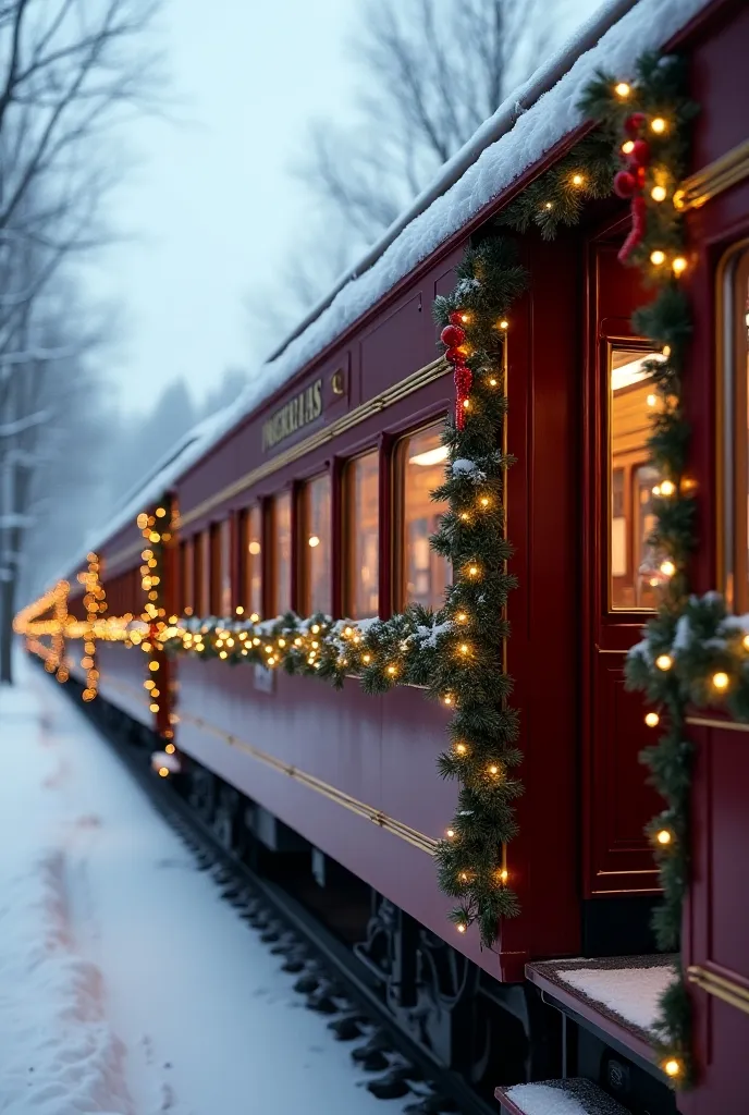 The train, which is divided into compartments, has thin columns, Decorated for Christmas . Please show me the side of the train 