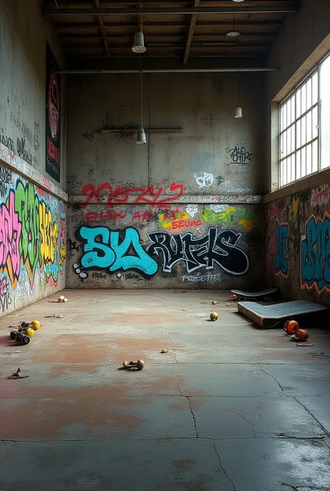  Background of 1066x1600 pixels where there is a realistic background like a photograph similar to a skate park, with the worn floor and the background for skateboarding with graffiti  
