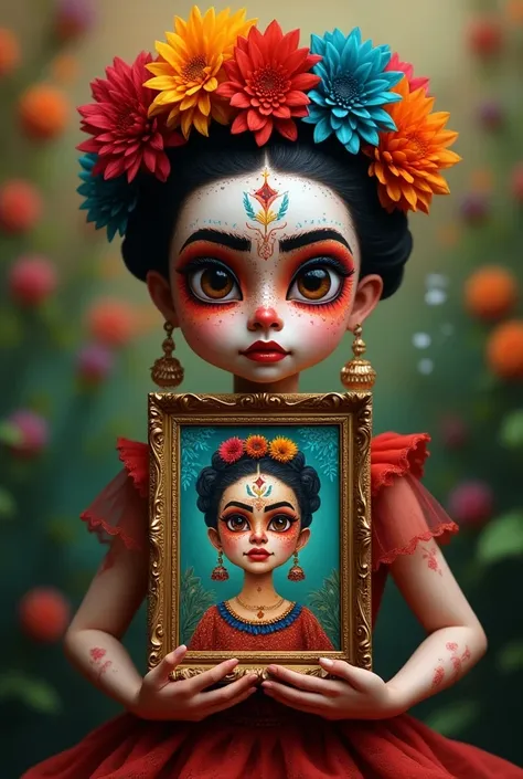 Catrina mexicaine avec un visage enfant inspire du visage de Frida Kahlo avec entre les mains un tableau ou apparait Diego Rivera . Couronne de fleurs dans les cheveux maquillage de catrina et beaucoup de couleurs 