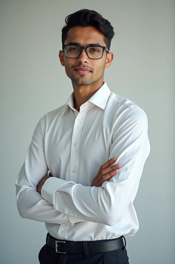 21 year old indian boy With fair skin Wearing spectacles and narrow body Posing for a linkedin picture in formals