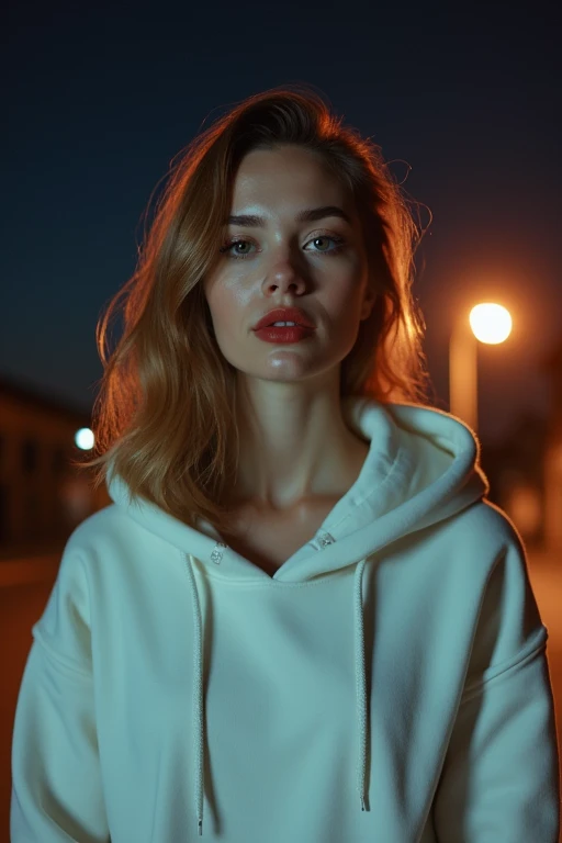 a woman in a white hoodie standing on a street at night with a street light in the background,realistic skin details,realistic hair details,eyeliner,(freckles:0.3),(red lips:0.9),(eyeliner:0.8),Raw photo,8k,realistic skin details,realistic hair details,8k ...