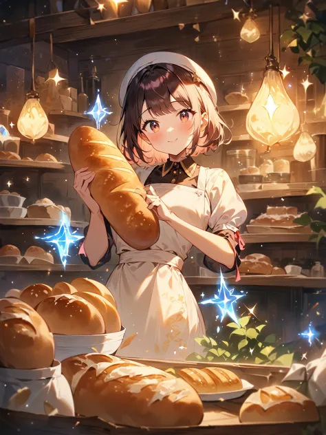 an anime-style girl working as a baker, wearing a cute apron and a beret, is holding a single slice of magical bread that glows ...