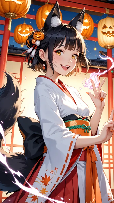 ((Charismatic shrine maiden wolf-girl:1.3) with ((fluffy white-tipped black ears:1.2), (golden eyes with a playful glint:1.1), (short black hair with white streaks:1.1)) wearing ((elaborate Halloween festival costume:1.2) with (modified miko outfit in oran...