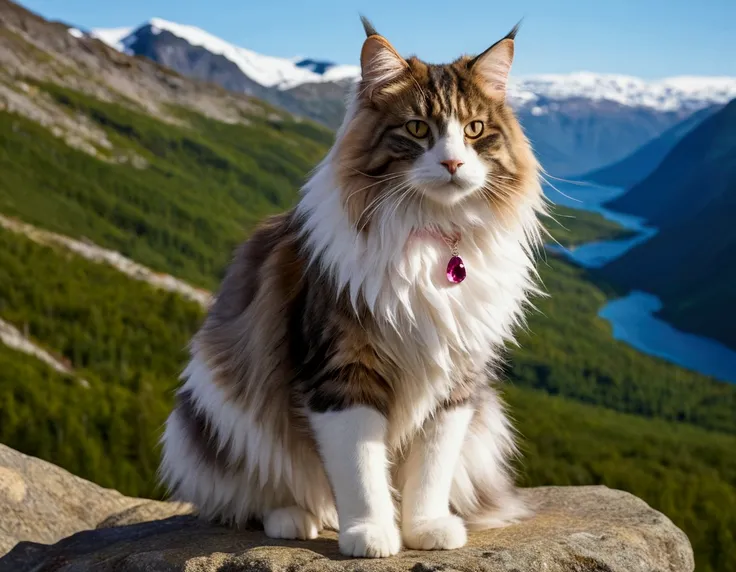 Create a highly realistic hybrid fusion of ChromaStone and a Norwegian Forest Cat, standing tall and confidently facing the viewer. The creature should have ChromaStone’s angular, dark purple crystalline armor on its waist, chest, hands, shoulders, and thi...