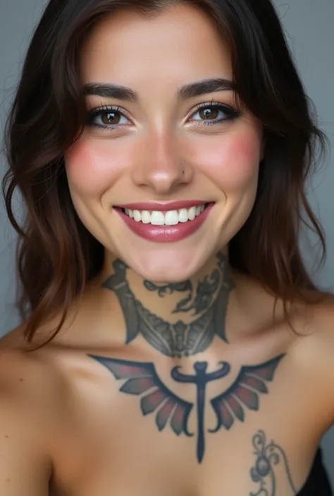 Professional photography of A beautiful woman, intricate neck tattoos, close up portrait, vibrant smile, masterpiece, best quality 