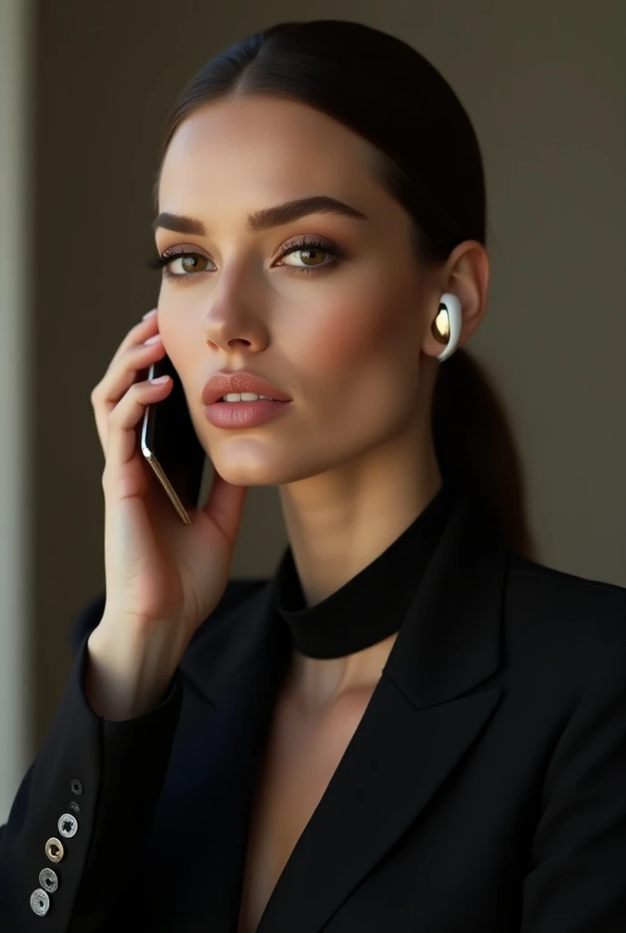 Show apple airPods  in faces ears while they are on a call, with a blurred background. black gold women