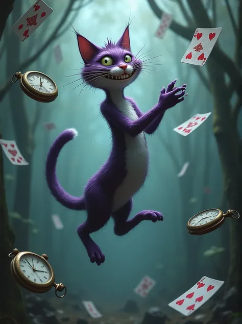 Pzut tu faire le chat du cheshire dans un style tim burton avec des montres a gousset et des cartes a jouer qui tombent autour de lui