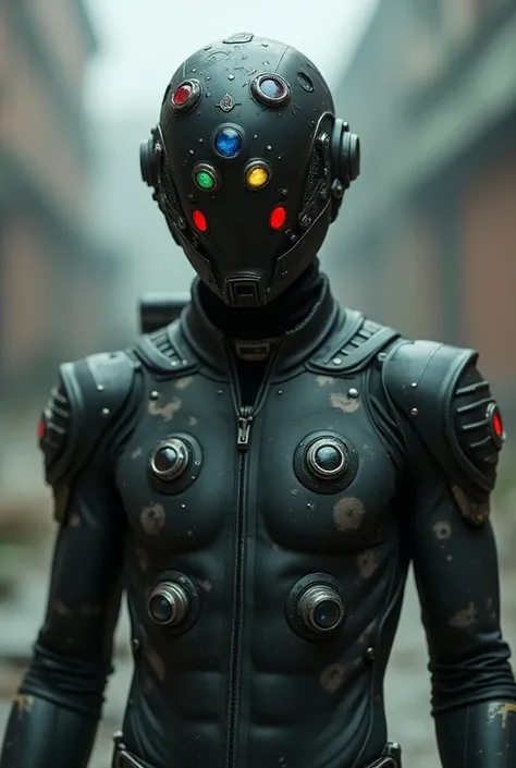 Male wearing a Chinese Stealth Suit from fallout. Attached to the helmet are 4 mechanical eyes that look real with different colors and Attached the bodysuit are 6 mechanical eyes that look real with different colors