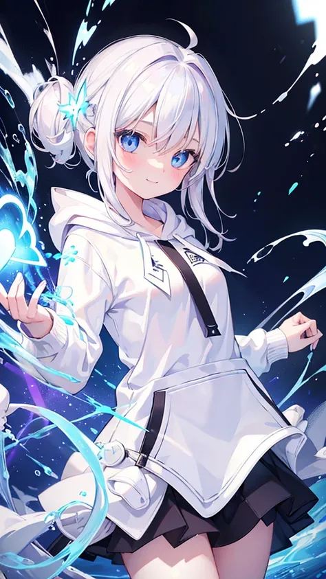 High Resolution, Masterpiece, Best Quality, (White Hoodie:1.2), white hair, (white backround:1.3), Anatomically Correct, smile, looking at the viewer, Small Breasts, Blue eyes, white and blue and purple effect, fantasy, black skirt, flying, beautiful light...