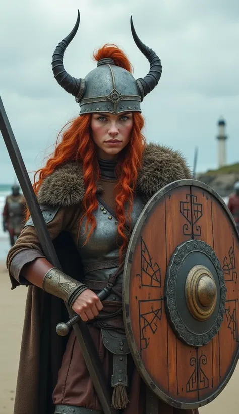  Olga is a great Viking warrior ,   she now wears her imposing historic Viking helmet ,  she wears light leather armor  ,  and while protecting her Viking shield with runic symbols  ,  she wields a historic Viking sword in her other hand  ,  is ready to hi...