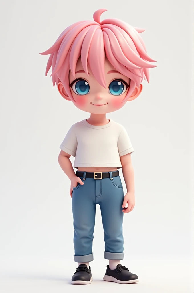 A boy height short pale and soft skin and pink lips and blue eyes and pink hair with bangs and wear white crop shirt and tight jeans and black shoes and cute and short face..