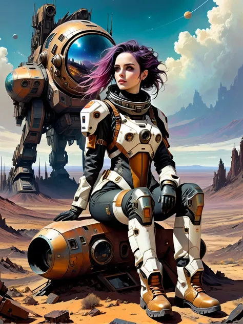 (gothic aesthetic:1.8), 1 female astronaut，wasteland background，tailor-made female mecha suit，（30 years old），sitting on the land...