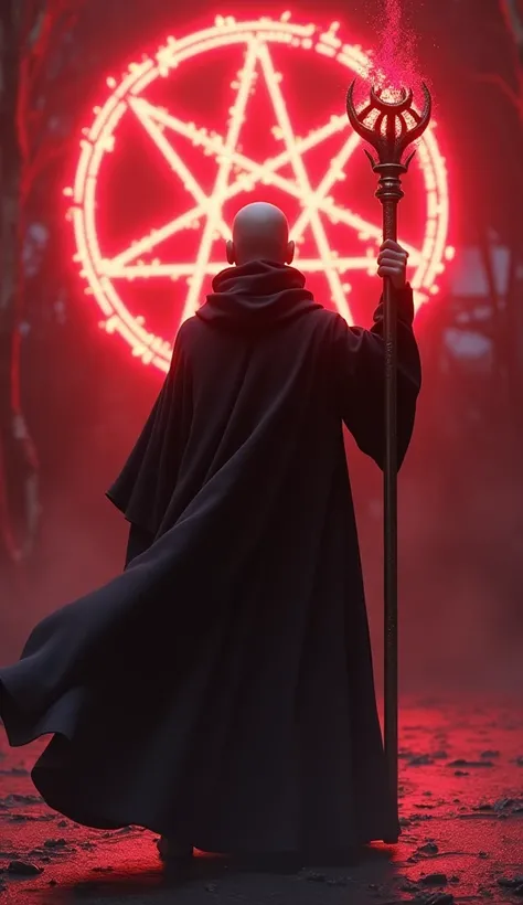 3D animation of Krillin from dargon ball anime wearing a long black shirt wizard holding a shiny staff in his hand with a dripping red pentagram logo background, 