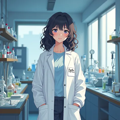  girl wearing lab coat, curly hair , lythe is written on the lab coat 