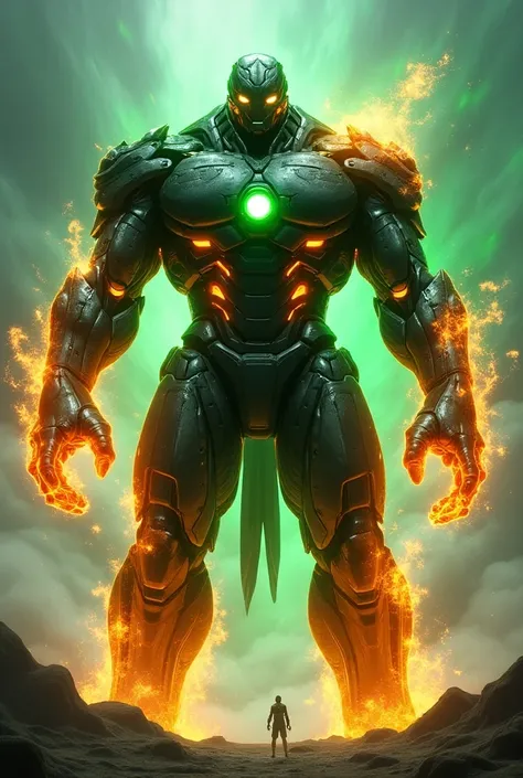 Draw a creature created from fire, obsidian, emerald, energy and chrome, extremely strong, durable, four-eyed, ego, smart, Ben 10 alien x, Ben 10 fireball, Ben 10 four arms and Ben 10 shock foot mix with a mix of godzilla and iron man.