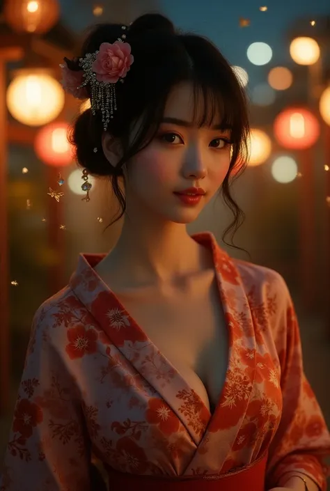 photographの描写を強調、 High Resolution 、Realistic、photograph、fantastic field at night、dim streetlights、Details of Gold Dust Falling Down、Soft and large breasts、Shes the １ prettiest woman in Japan 、Big eyes、、8pm、kimono、Chest release、sexy、Eros、花柄のkimonoはランダム、silk...