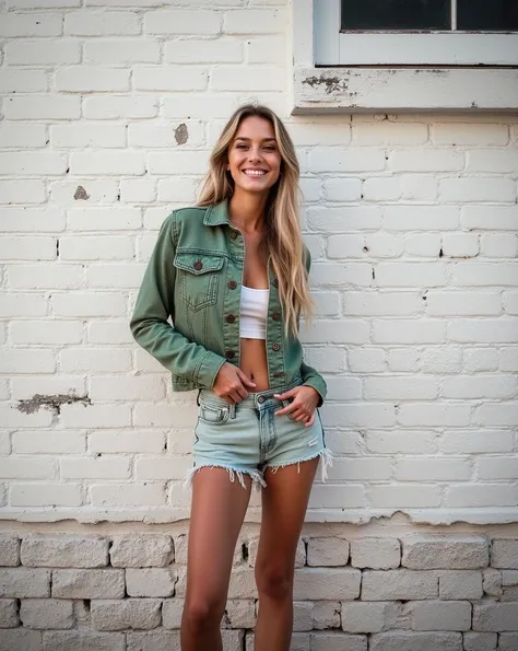 A very realistic 4k photo with lots of detail shows a young skinny sexy blonde woman standing in front of a white brick wall. She wears a green denim jean jacket and matching denim jeans shorts, with a white crop top underneath. She has long blonde hair an...