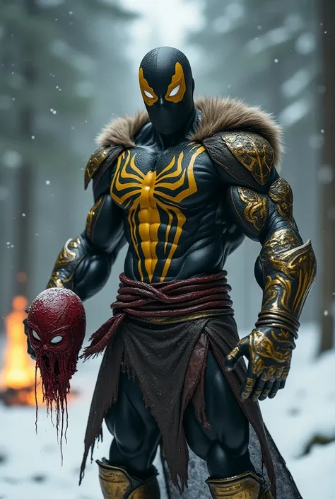  Create a fierce Spiderman scene with a muscular body standing in a snowy forest.  striking gold war paint all over his body ,  and wearing intricate armor with fur details . In one hand ,  he held a torn head resembling a Hulk mask His hands were stained ...