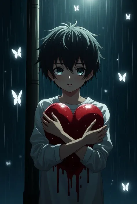 Anime boy under street lamp at night with white shines butterfly around him while hug tighly a blooded heart-organ with his two hands and looking at the camera in horor from a far and side in rain