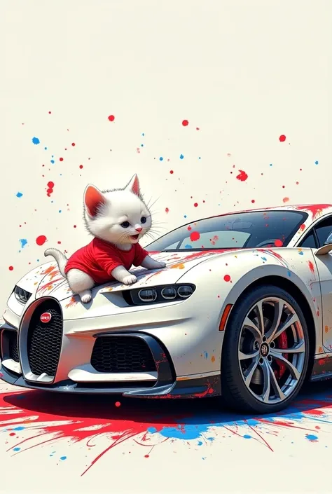 Colorful Chaos

Foreground: The White kitten who wear red t shirt and red short pants gleefully switches to a blue marker, adding swirls and lines across the Bugatti’s body.

Background: The Bugatti’s white surface, once spotless, is now a chaotic mix of r...