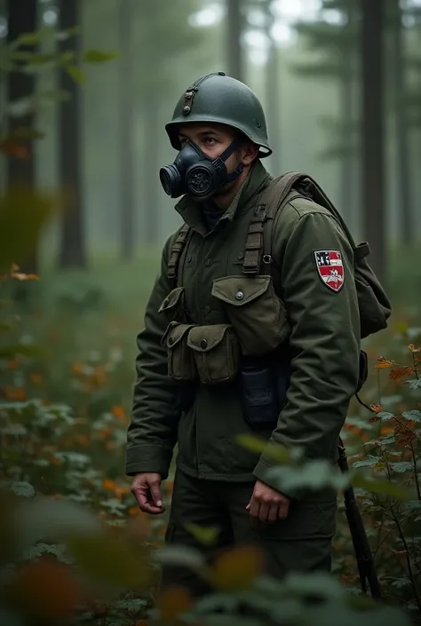 A German soldier , With a gas mask ,  fighting in the interior of Germany ,   with a feeling of tiredness ,   if you can put a coat of arms of the German flag on the cotton, In the middle of forests 