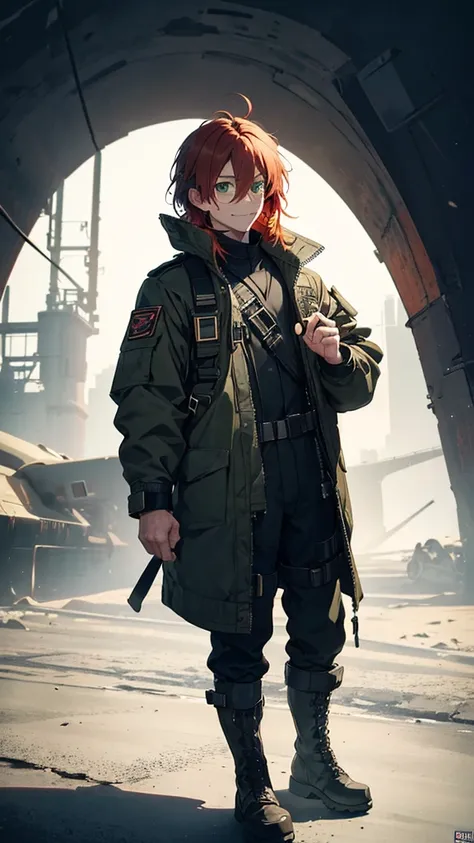 1 man, 30 years old, standing full body shot:1.4, red hair, green eyes, cheerful laugh, pilot jacket, pilot goggles on head, military boots, detailed facial features, intricate clothing textures, natural lighting, high quality, photorealistic, 8k, ultra-de...