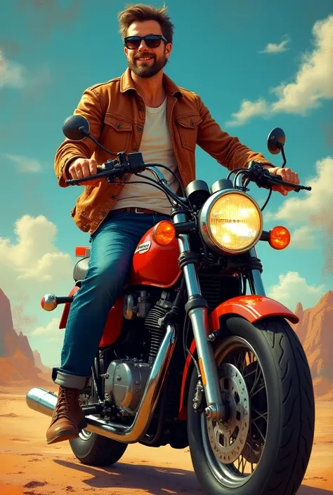 Colorful portrait of a man on a sleek motorcycle, wearing a trendy, casual outfit. The backdrop features bold, lively colors and abstract designs that reflect his adventurous spirit. He has a charismatic grin, exuding charm and confidence, embodying a fun ...