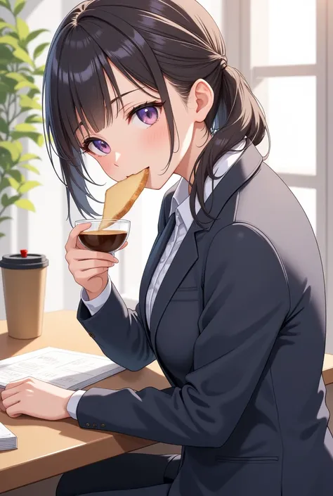 （masterpiece、high quality、high image quality、4k、8k、 details）、 takeout coffee on her morning office desk {x} holding a slice of s...