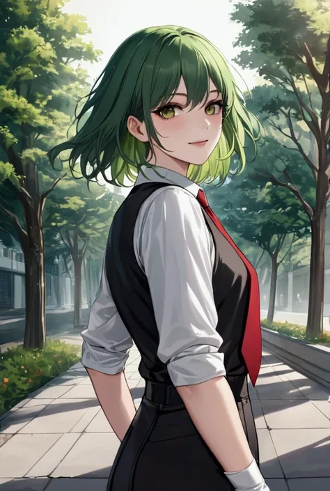 Score_9, score 8_up, score 7_up, high quality, semi realistic, uhd, accurate, 1girl, beautiful, green hair, very short, messy, bad haircut, hazel eyes, fair skin, faint cheek blush, eyelashes, smiling, looking at the viewer, side view, upper body, white sh...