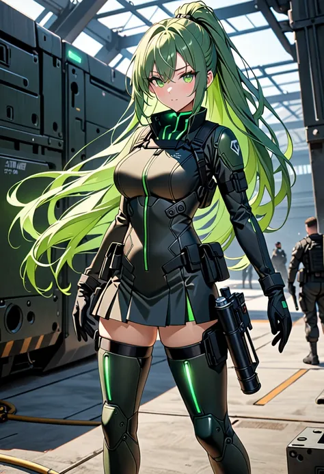 8K Ultra High-Quality, ultra-detailed, High quality, Green hair, Green Glow inner layer hair, long hair, ponytail tied hair, big chest, gloves, Black Tactical clothes, solderless suit, skirt, close up, full body, military base