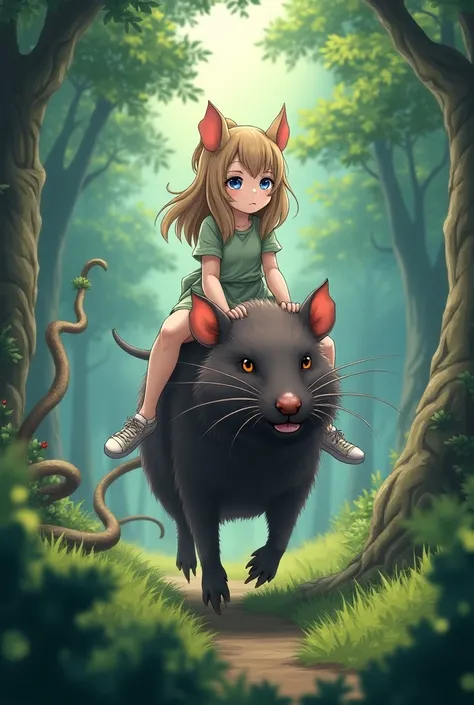 Girl with shoulder-length brown hair and pony hair and blue eyes and rat ears and rat tail rides on a big rat and her mother with long blond hair and brown eyes with devil horns rides on a snake in a mystical forest in anime style