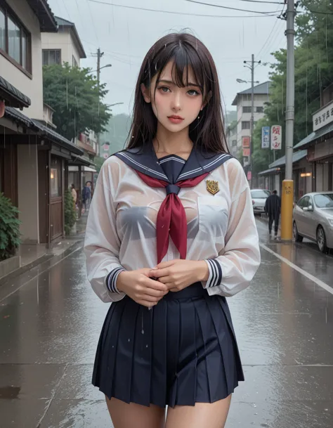 score_9,score_8_up,score_7_up,8k, breasts, a beautiful japanese woman, high school girl in the rain, （her uniform is transparent...