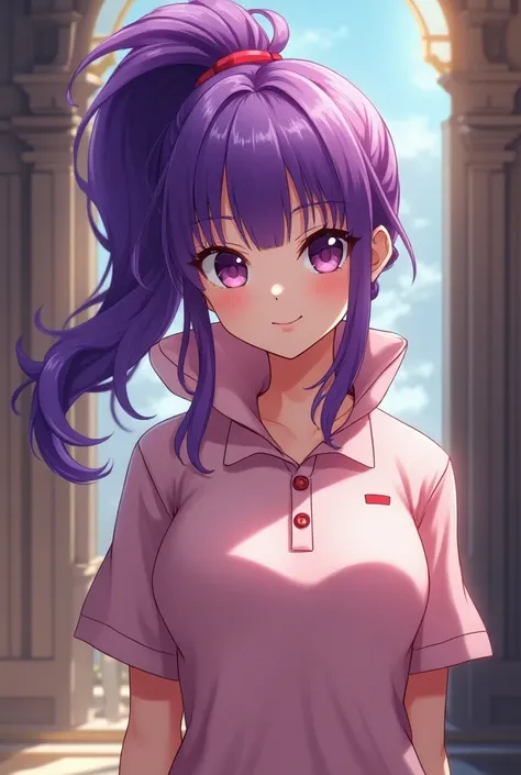 Anime Princess with a ponytail and purple hair wearing a Massive popped collar polo with her being douche
