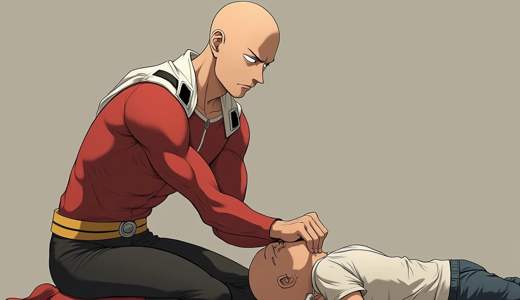 Saitama catching neck of  his youngest version Bardia laying down saitama at up 