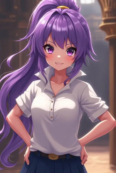 Anime Princess with a ponytail and purple hair wearing a Massive popped collar polo with her being douche
