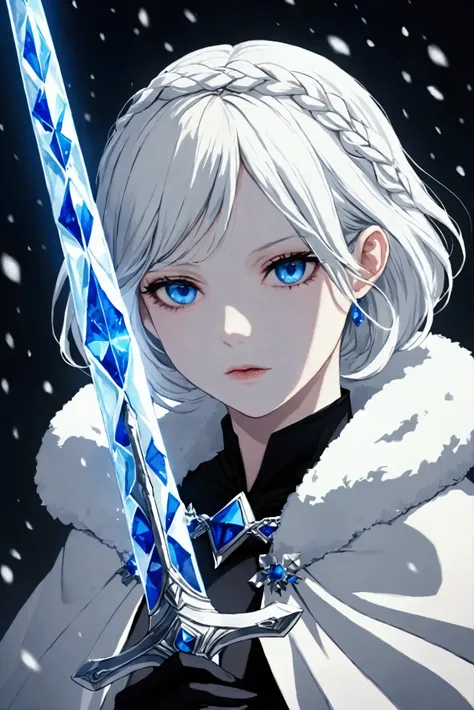 Woman with snow-white skin, short platinum hair with a braid, cold gaze, blue eyes like sapphire. Black uniform, white cloak. Crystal sword.