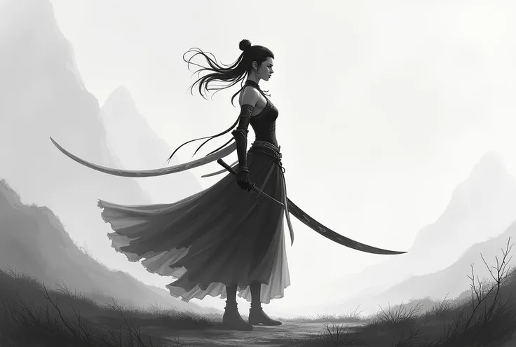 Format paysage  une version du personage irelia de legue of legend dans un style noir et blanc 