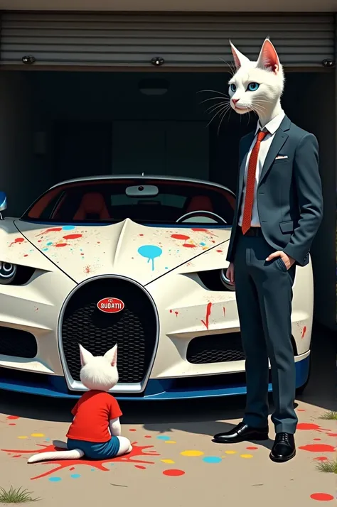 Scene 5: The Moment of Realization

The garage door swings open, revealing the white cat tall  dressed in a sharp, formal suit. His eyes widen in shock as he freezes in place, staring at the scene before him. The once-pristine white Bugatti, his prized pos...