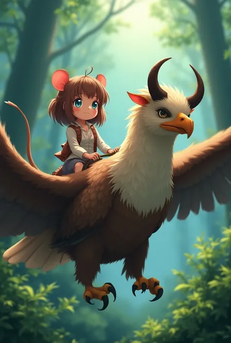 Girl with shoulder-length brown hair and pony hair and blue eyes and rat ears and rat tail rides on an eagle and her mother with long blond hair and brown eyes with devil horns rides on an eagle with devil horns in a mystical forest in anime style