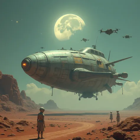 In the silvery light of the full moon, a serene and dreamlike scene Fliegende Kampfflugzeuge, Detailliertes abgestürztes spaceship, detailliertes spaceship, film「yesterday」spaceship, Verlassenes spaceship, Valkyrie fighter,  flying sci-fi vehicle , レトロなSF ...