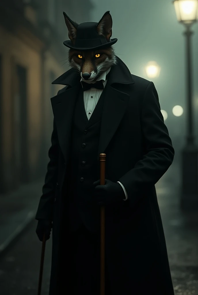  A fox with an aggressive expression, golden eyes and shadow on the face, standing like a man . elegant dress, Black overcoat and hat . becos de London na decada de 20. night. dark. mist. jack the reaper. a cane in his hand . night. London
