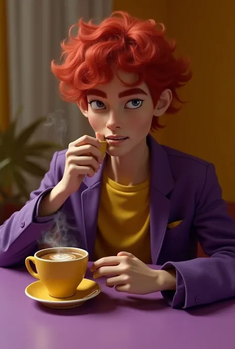 Photography realista 8k hdr, Brazilian man, young adult,  White, Fabio, red haired, wearing purple and yellow clothes ,  Sipping coffee light smoke coming out of the cup on a purple and yellow table.  Photo , hyperrealistic 