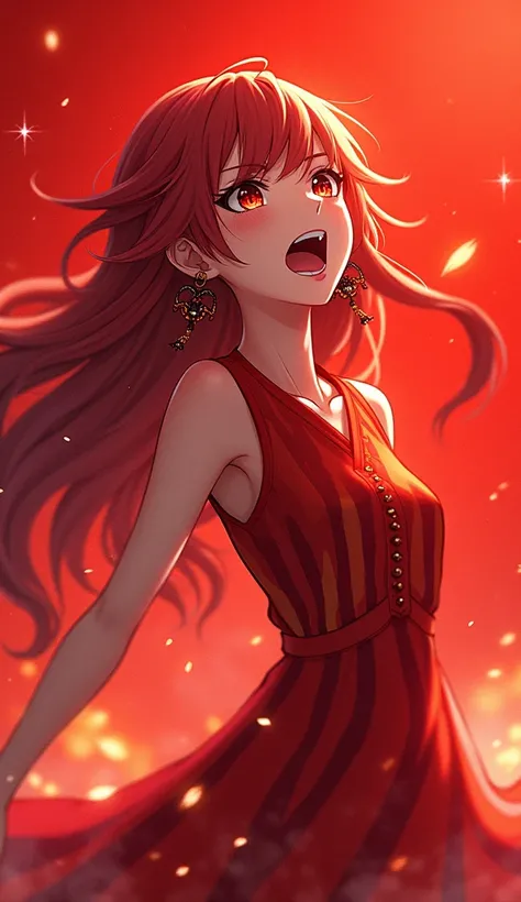  fire red background , Character Design ,animation,masterpiece, 1 Japanese girl ,  Red Liu Hai long hair flowing , red eyes , Strong emotion in her eyes, Open your mouth, Show upper teeth, earrings,sideways,Look up , wearing a red dress, flame stripe desig...