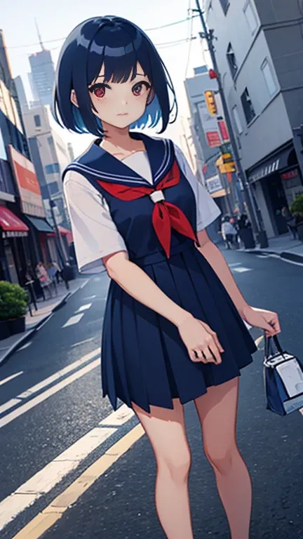  best quality、beautiful girl、High school girl、 bob cut、Deep blue hair、 Red Eyes、Expression of joy、 sailor suit with a novel design、 city pop